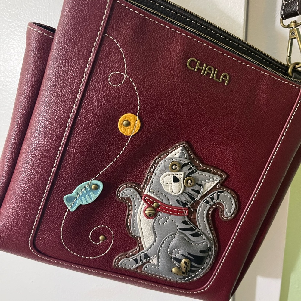 Chala Maroon Crossbody Bag with Cat Design